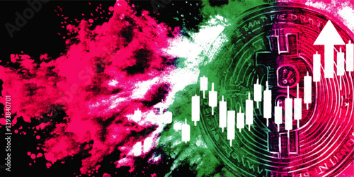 Vibrant Abstract Digital Art Illustrating Rising Bitcoin Cryptocurrency Market Candlestick Chart Bullish Trend Green Pink Splash Financial Growth Background Vector