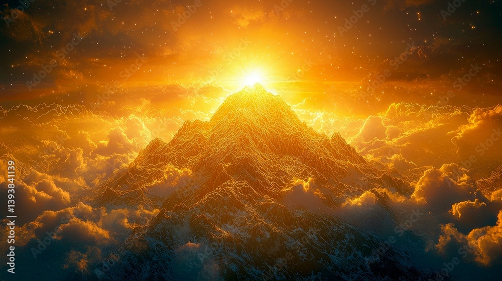 Naklejka premium Golden Hour Mountain Majesty: A breathtaking landscape of a majestic mountain peak bathed in the golden light of sunrise or sunset, surrounded by fluffy clouds and a vibrant sky.