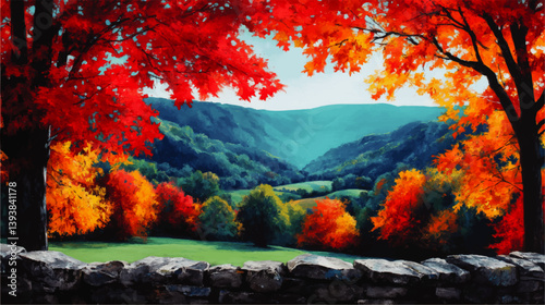 Stunning Autumn Scenery Vector Illustration of Vibrant Fall Foliage and Trees with Colorful Leaves Overlooking Beautiful Mountains and Landscape in Scenic Countryside