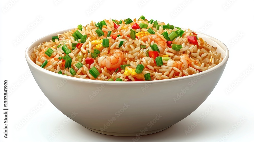 A bowl of fried rice with shrimp, vegetables, and scrambled egg, garnished with green onions A bowl of fried rice with shrimp, vegetables, and scrambled egg, garnished with green onions
