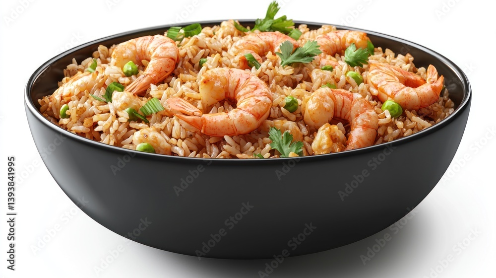 A bowl of fried rice with shrimp, vegetables, and scrambled egg, garnished with green onions A bowl of fried rice with shrimp, vegetables, and scrambled egg, garnished with green onions