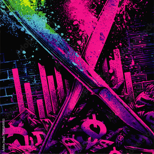 Vibrant Neon Vector Illustration of Crossed Knives with Dollar Signs and Financial Charts in Background Representing Economic Crisis and Financial Market Volatility