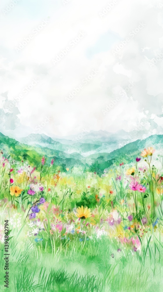 Fototapeta premium Meadow landscape painting flowers watercolor.
