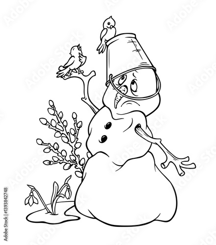 A melting snowman with a bucket on his head sadly looks at a singing bird sitting on his hand. The first days of spring. Hand drawn black and white outline illustration for a coloring book or postcard