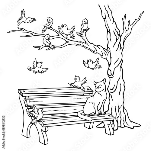 A cat sitting on an old bench under a leafless tree, squinting, watches the birds flying and singing on a branch. Signs of spring. Outline hand-drawn illustration for a coloring book or postcard