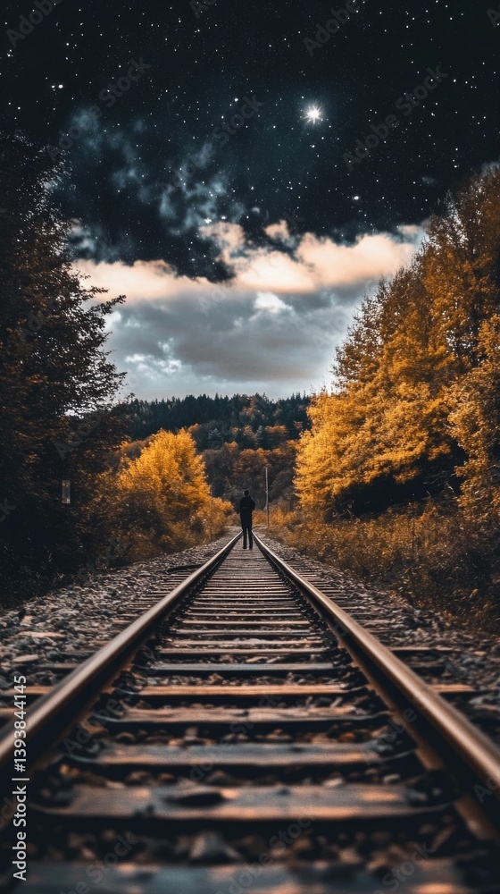 Fototapeta premium Lonely figure walks down a railway track under a star filled night sky.