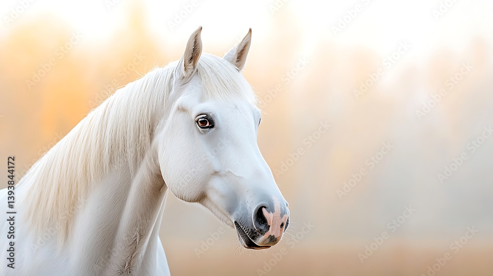 Obraz premium Serene portrait of a majestic white horse in soft lighting and natural landscape