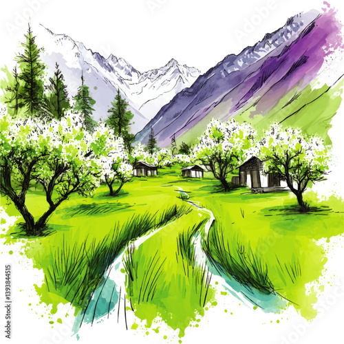Beautiful Artistic Vector Landscape Illustration with Majestic Mountains, Flowing River Stream, Scenic Green Grass Field, Blooming Trees, and Rustic Village Houses