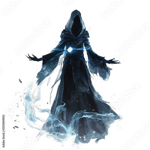 Mysterious figure in a flowing robe emanating ethereal energy in a dark, mystical setting