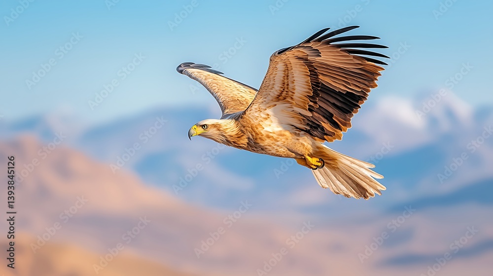 Naklejka premium Majestic eagle soars over scenic mountains wildlife photography nature aerial view serenity