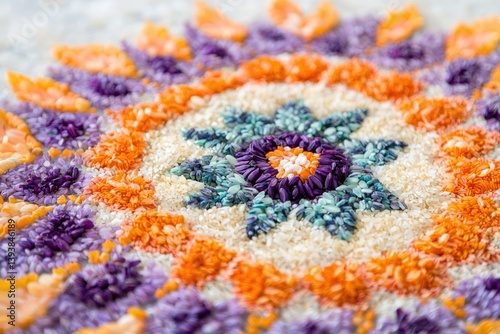 Intricate mandala design created using colored rice grains, showcasing vibrant hues and geometric patterns.