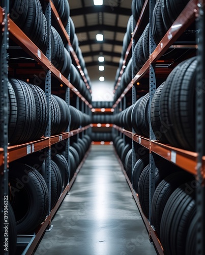 Automobile tires arranged on racks in a well-lit warehouse environment, representing vehicle maintenance, tire sales, storage systems, and professional workshop setup

