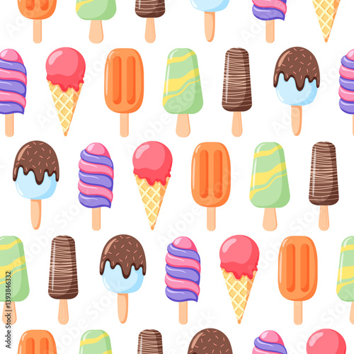 Colorful Ice Cream and Popsicle Seamless Pattern. Vector illustrations. Sweet dessert Background