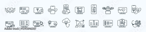 Health digitalization thin icon set containing  digital health, electronic health record, telemedicine, mobile health, health app
