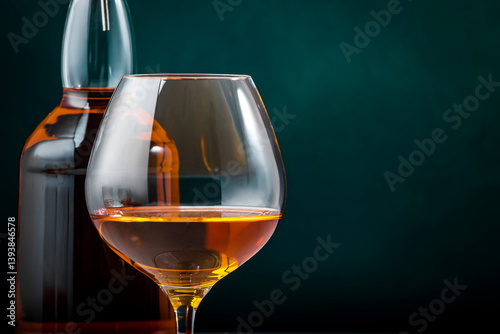 French cognac V.S.O.P. in snifter glass with bottle on dark green background