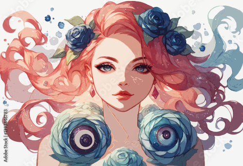 Fantasy Illustration with Colorful Hair and Artistic Roses. The stunning digital illustration features fantasy elements of pink and blue hair with artistic roses. Rich details, vibrant colors.