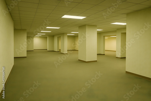 Empty Fluorescent Office Space with Surreal Layout