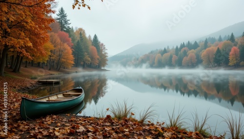 Obraz na płótnie Peaceful fall lake scene with mist, trees, and a canoe docked on shore, Generative AI w salonie