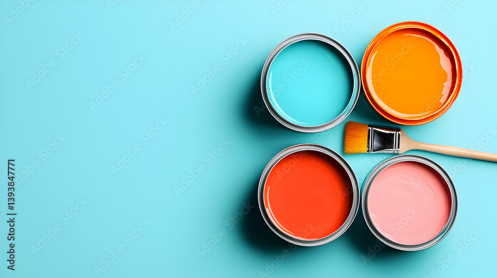 Open Paint Cans with Paintbrush on Aqua Background Open Paint Cans with Paintbrush on Aqua Background