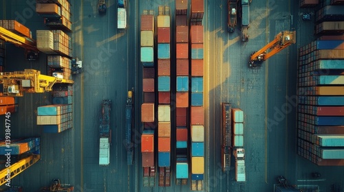 A view of a busy port with many large containers stacked up