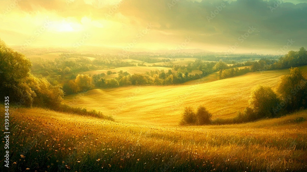 Fototapeta premium Golden Sunset over Rolling Hills: Serene Countryside Landscape Photography