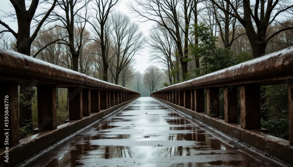 Rainy day on a bridge with puddles and reflection of trees