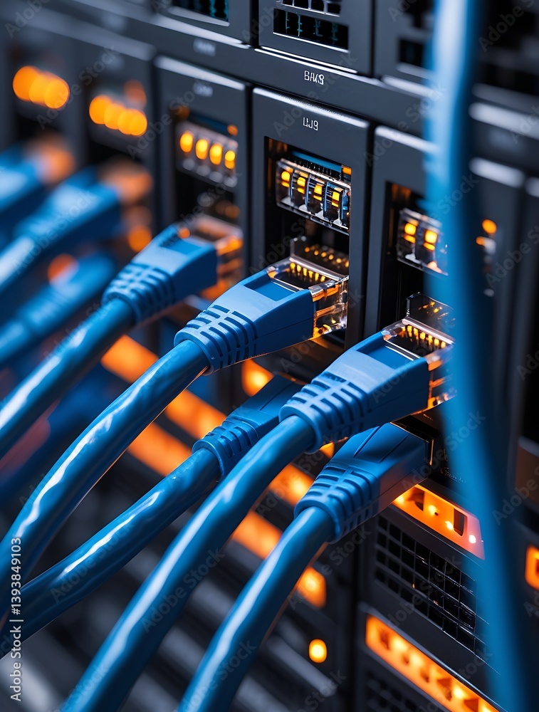 Naklejka premium Close-up view of network switch with blue ethernet cables plugged into ports, illustrating high-speed data transfer and internet connection in modern server infrastructure 