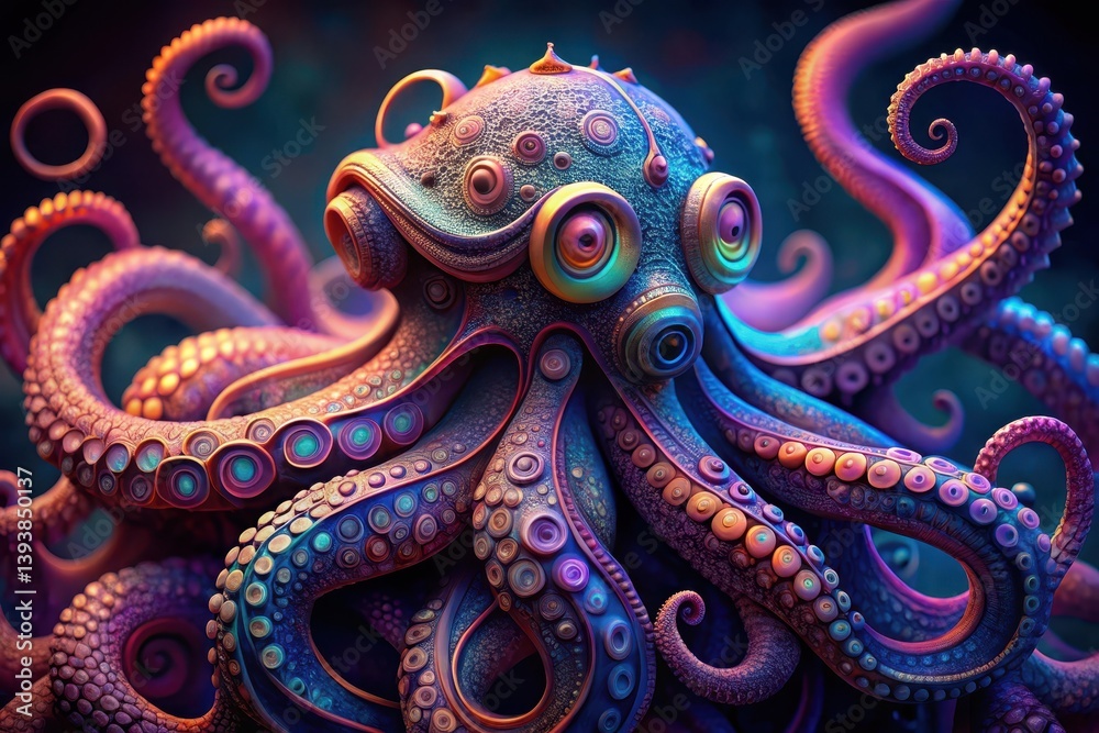 Obraz premium A vibrant, bioluminescent cephalopod with iridescent skin and intricate, swirling tentacles, a mesmerizing underwater spectacle