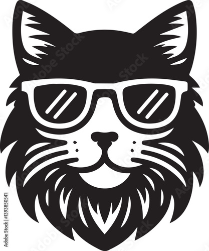 black cat with sunglasses, cat with sunglasses head vector illustration, cat with sunglasses silhouette vector black and white