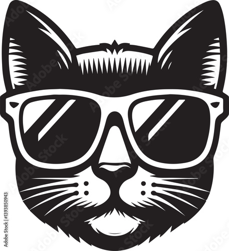 black cat with sunglasses, cat with sunglasses head vector illustration, cat with sunglasses silhouette vector black and white