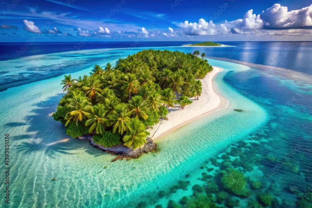 Fototapeta premium A tropical isle paradise Lush palms, pristine sands, and vibrant turquoise waters create an idyllic escape