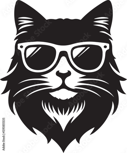 black cat with sunglasses, cat with sunglasses head vector illustration, cat with sunglasses silhouette vector black and white