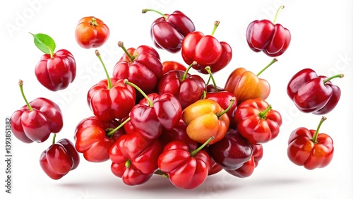 A vibrant cluster of ripe acerola cherries levitating against a pristine white backdrop, showcasing their rich red hues and juicy texture,