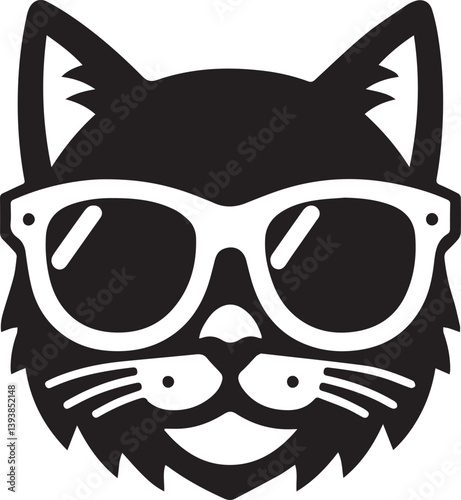 black cat with sunglasses, cat with sunglasses head vector illustration, cat with sunglasses silhouette vector black and white