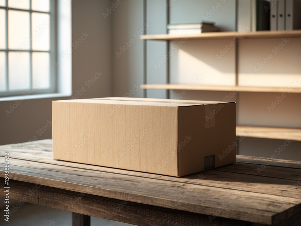 Fototapeta premium A cardboard box sits on a wooden table in a well-lit room with shelves and a window in the background, creating a simple and organized scene.