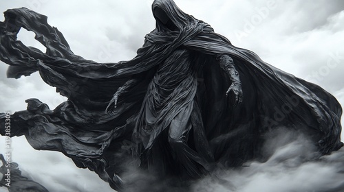 Ethereal figure in billowing cloak, dark and mysterious against a clouded backdrop
