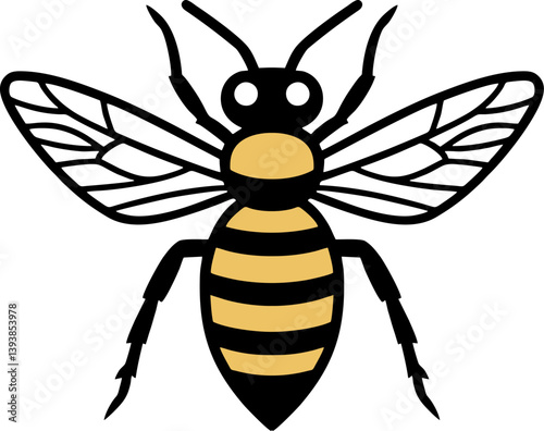 vector Black and yellow bee with wings, ideal for nature blogs, educational materials, insect identification guides, and conservation awareness campaigns.