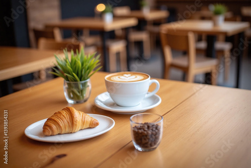 cup of coffee and a croissant on a table