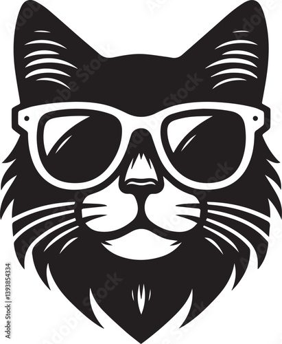 black cat with sunglasses, cat with sunglasses head vector illustration, cat with sunglasses silhouette vector black and white