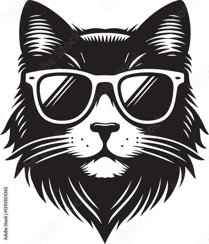 black cat with sunglasses, cat with sunglasses head vector illustration, cat with sunglasses silhouette vector black and white