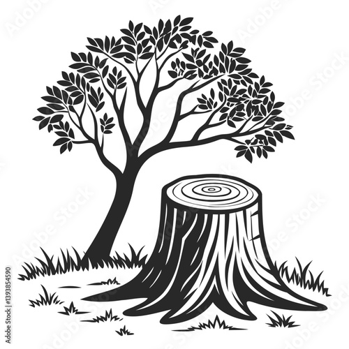 Monochrome silhouette of a tree stump for eco-conscious logo design isolated on transparent background