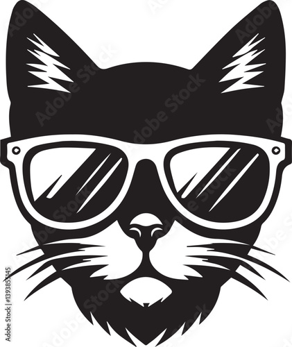 black cat with sunglasses, cat with sunglasses head vector illustration, cat with sunglasses silhouette vector black and white