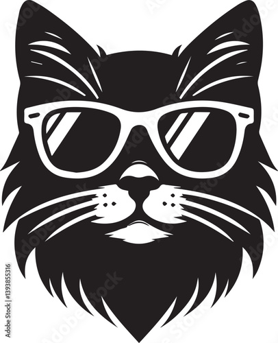 black cat with sunglasses, cat with sunglasses head vector illustration, cat with sunglasses silhouette vector black and white