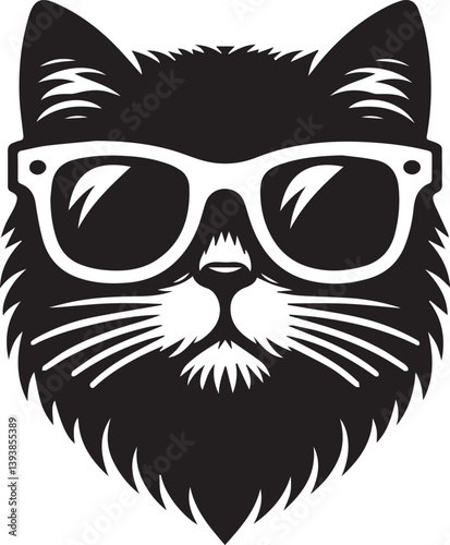 black cat with sunglasses, cat with sunglasses head vector illustration, cat with sunglasses silhouette vector black and white