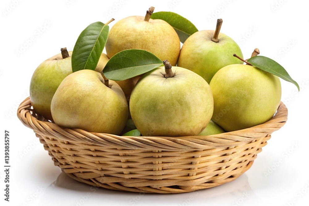A wicker basket full of fresh green apples with vibrant leaves A wicker basket full of fresh green apples with vibrant leaves