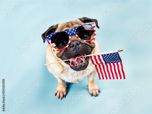 A playful pug sits happily, showcasing vibrant sunglasses adorned with stars and stripes, holding a tiny American flag between its teeth, embodying festive cheer and joy.