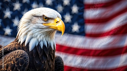 Captivating close-up of a bald eagle with striking features, highlighting its fierce gaze and golden beak, set against the vibrant colors of the American flag and the soft morning light.