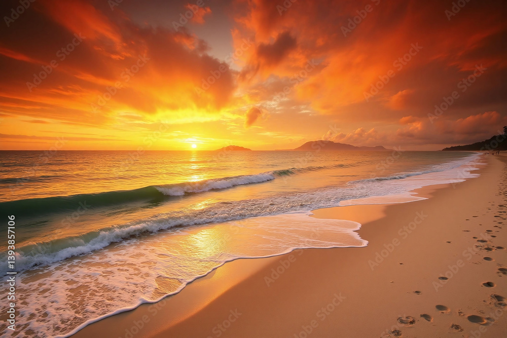 Obraz premium footprints in the sand on a beach at sunset