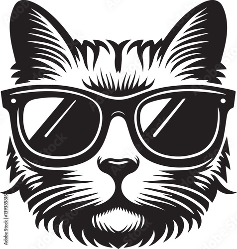black cat with sunglasses, cat with sunglasses head vector illustration, cat with sunglasses silhouette vector black and white