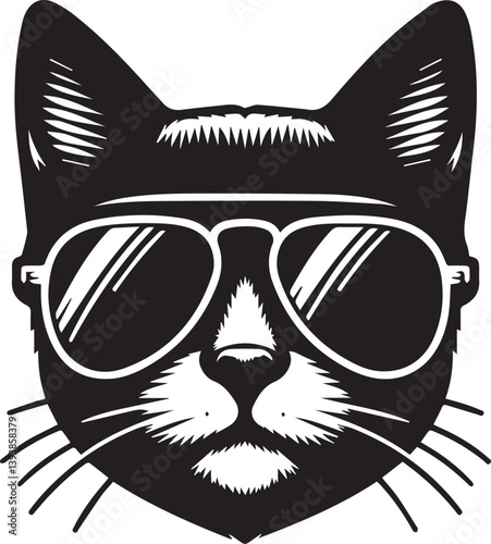 black cat with sunglasses, cat with sunglasses head vector illustration, cat with sunglasses silhouette vector black and white
